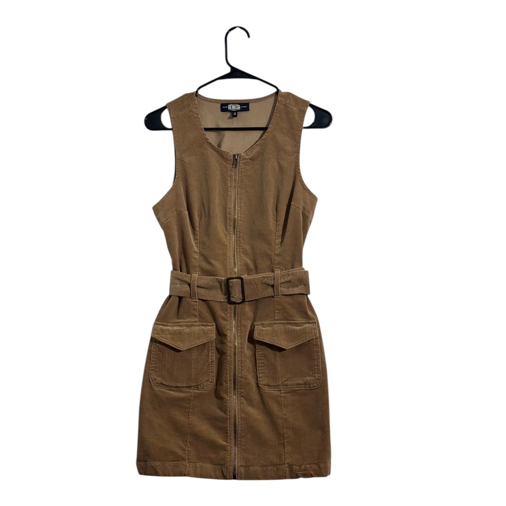Rewash Tan Corduroy Full Zip Belted Pocketed Utility Mini Dress 70's Size Medium